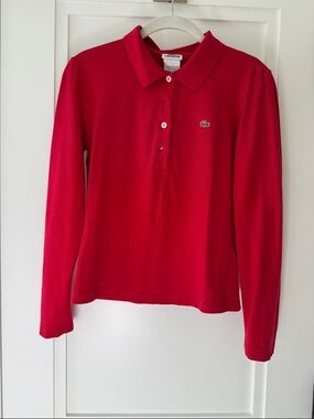 LACOSTE Women's Red Long-Sleeve Button collared shirt.Perfect for tennis & golf!